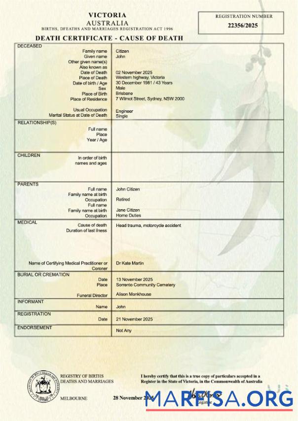 Printable Australia Victoria death certificate PSD template